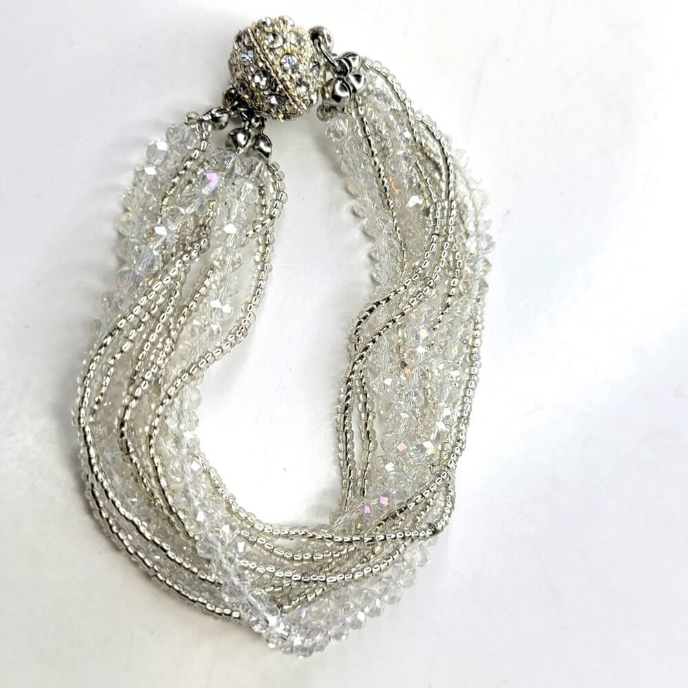 White Twisted Crystal Bracelet Braided Beads Half Moon Crystal Magnetic Clasp